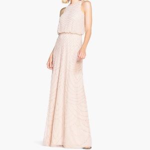 Adrianna Papell Art Deco Beaded Blouson Dress With Halter Neckline in Blush